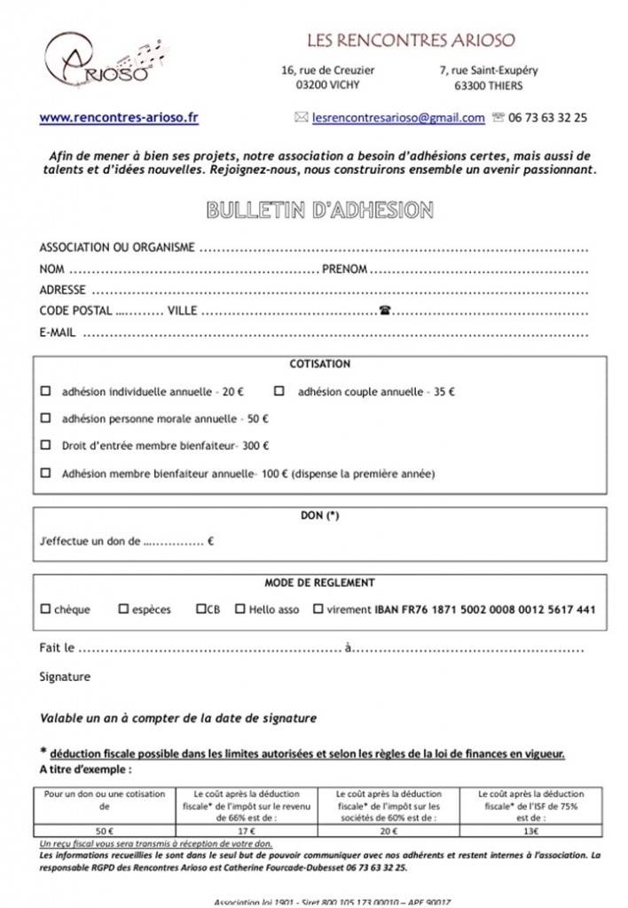 bulletin adhesion arioso 2024